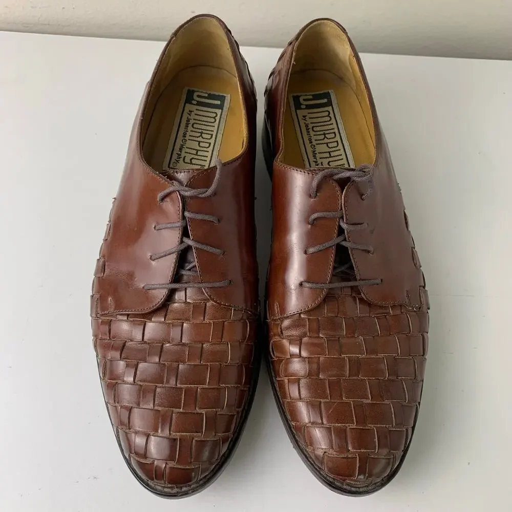 Johnston Murphy Brown Leather Oxford Dress Shoes Woven Leather Men's 8.5M